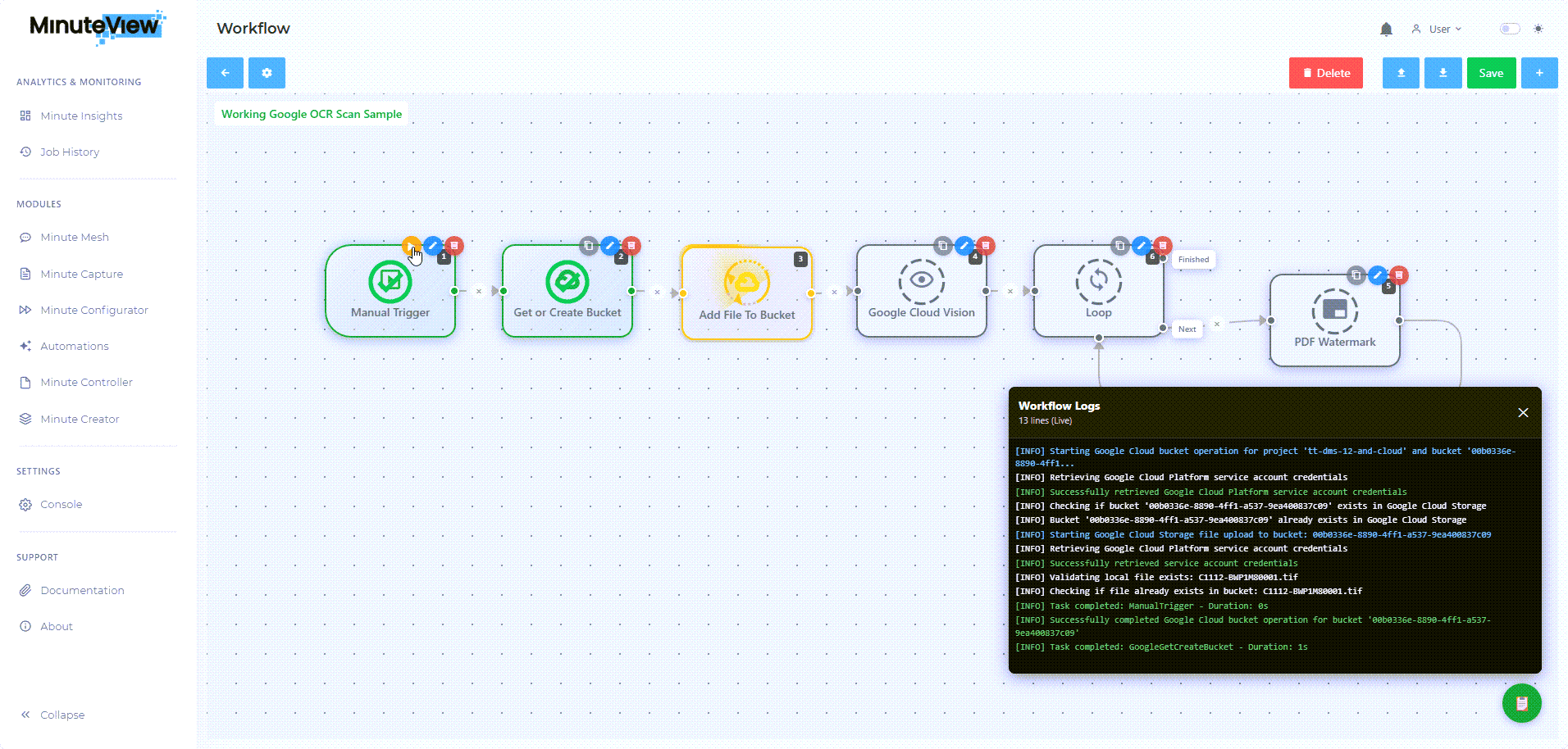 Automations workflow builder showing multi-step low-code engineering process
