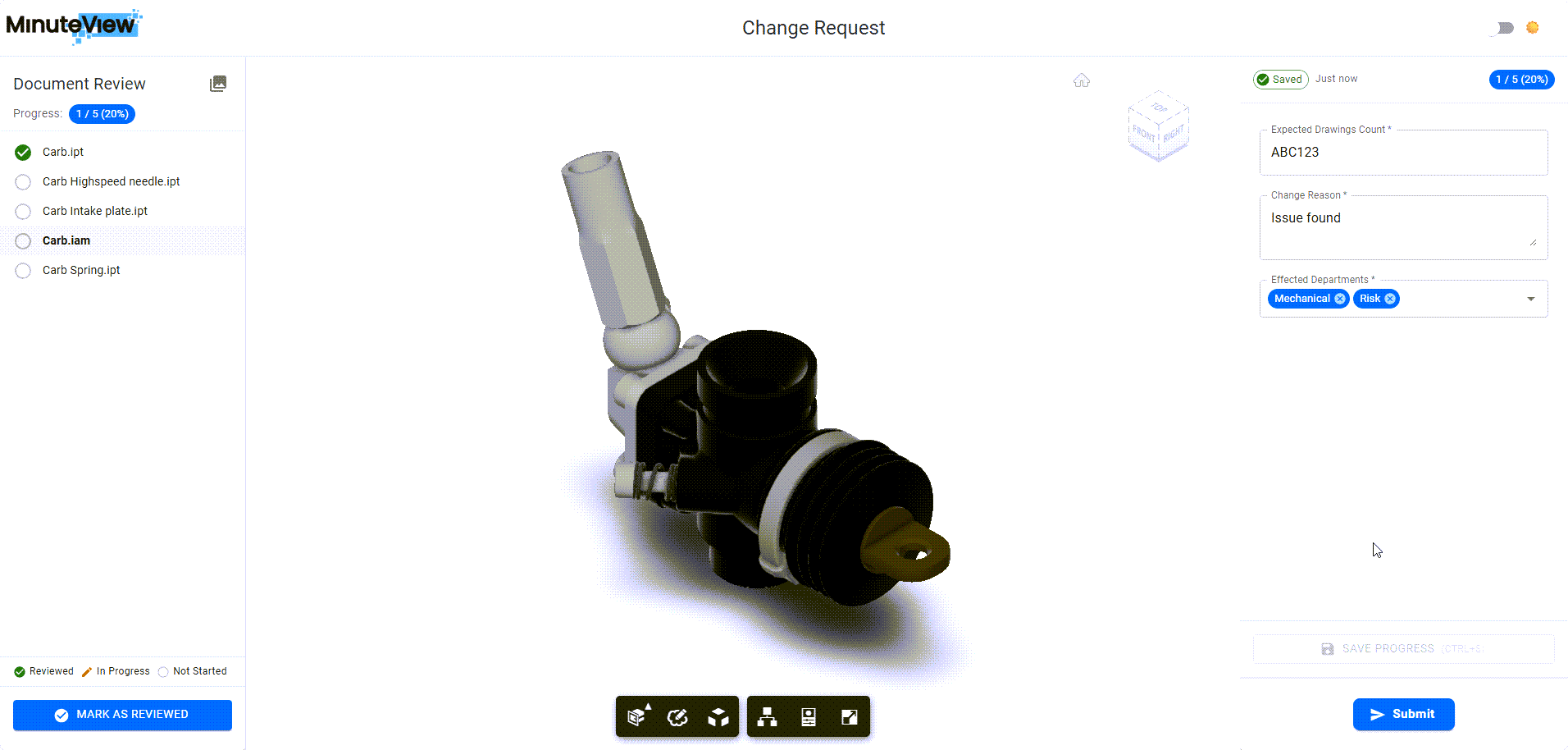Capture review interface showing drawing markups and approval workflow